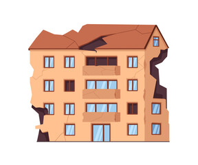 Damaged building facade with broken roof, destroyed walls, crushed cracked windows. House destruction. Ruined wrecked construction exterior. Flat vector illustration isolated on white background