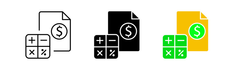Data set with calculator line icon. Accounting, profit, business, finance, savings, distribution, calculator, income. Finance concept. Vector icon in line, black and colorful style