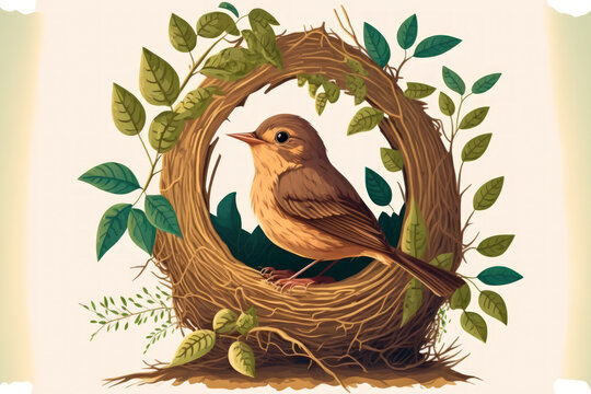 Small bird in the nest on branches tree in the nature. Generative AI