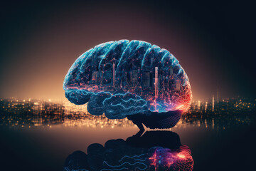 Sketch of a human brain on a virtual, creative AI hologram with a blurry skyline in the background. Multiexposure. Generative AI