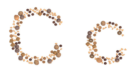 Concept or conceptual set of pastry delicious products forming the font C. 3d illustration metaphor for education, school, agriculture, traditional and rustic, organic, healthy and natural.