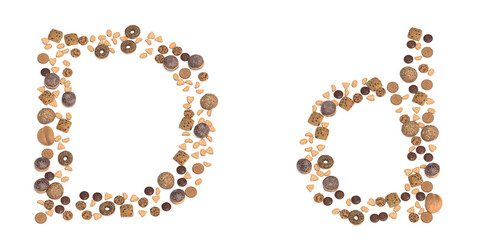 Concept or conceptual set of pastry delicious products forming the font D. 3d illustration metaphor for education, school, agriculture, traditional and rustic, organic, healthy and natural.