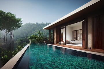 Fototapeta premium Luxury with tropical Jungle villa resort luxurious swimming pool. Generative AI illustration
