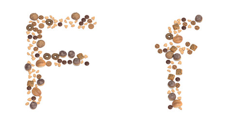Concept or conceptual set of pastry delicious products forming the font F. 3d illustration metaphor for education, school, agriculture, traditional and rustic, organic, healthy and natural.