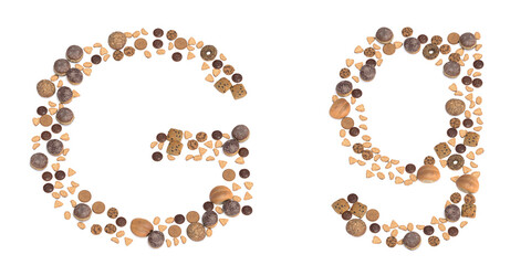 Concept or conceptual set of pastry delicious products forming the font G. 3d illustration metaphor for education, school, agriculture, traditional and rustic, organic, healthy and natural.