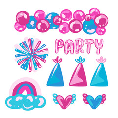 Big bundle of isolated vector elements for birthday party decoration and calibration, flat Colorful vector icon illustration