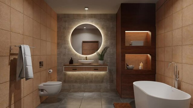 3D rendering bathroom, aromatherapy, relaxation, spa. Tiles, ceramics, wooden cupboard with candles and towels. Mirror with illumination, modern toilet.