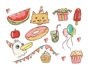 Big bundle of isolated vector elements for birthday party decoration and calibration, flat Colorful vector icon illustration