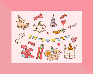 Big bundle of isolated vector elements for birthday party decoration and calibration, flat Colorful vector icon illustration