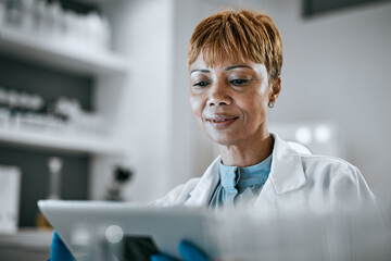 Tablet, science and black woman in lab for research, medical report and experiment results....