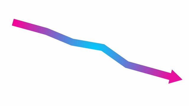 Animated blue-pink arrow. Recession chart of economy. Economic crisis, recession, decrease graph. Profit down. Vector illustration isolated on white background.