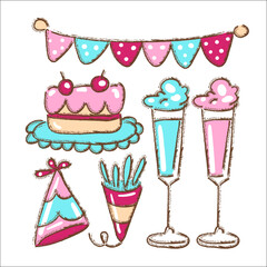 Big bundle of isolated vector elements for birthday party decoration and calibration, flat Colorful vector icon illustration
