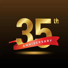 35th anniversary logo with gold text and red ribbon. Logo Vector Illustration