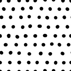 Seamless neutral polka dots pattern. Black hand-drawn circles isolated on white background. Abstract lines of points ornament. Vector illustration for wallpaper, fabric, print, wrapping paper, textile