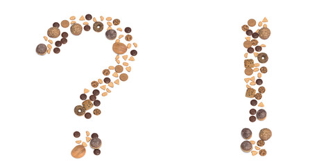 Concept or conceptual set of pastry delicious products forming the !? and ? signs. 3d illustration metaphor for education, school, agriculture, traditional and rustic, organic, healthy and natural.