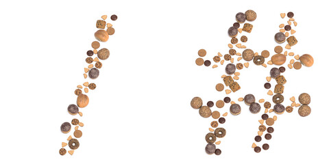 Conceptual set of pastry delicious products forming hash and division slash signs.3d illustration metaphor for education, school, agriculture, traditional and rustic, organic, healthy and natural.