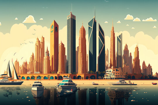 Conceptual Ai Generated Image (not actual) - Skyline of Dubai Marina in panorama. Emirate of the Arabs. Generative AI