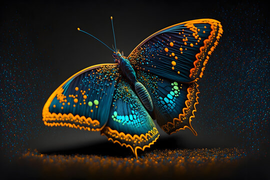 Magnifique papillon fluorescent aux couleurs turquoise et jaune orang&eacute;e &raquo; IA g&eacute;n&eacute;rative