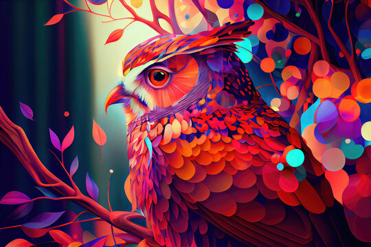 Abstract colorful owl in tree in forest as background illustration (Generative AI)