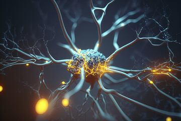 Neural connections, synthetic neuron, excitation of neurons and synapses. Generative AI.