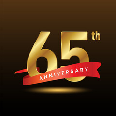 65th anniversary logo with gold text and red ribbon. Logo Vector Illustration