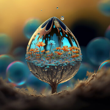 A Micro World In A Drop Of Water. The Different Forms Of Water And The Changing World. Macrocosm Display Based On A Close-up Concept Created With The Help Of AI.