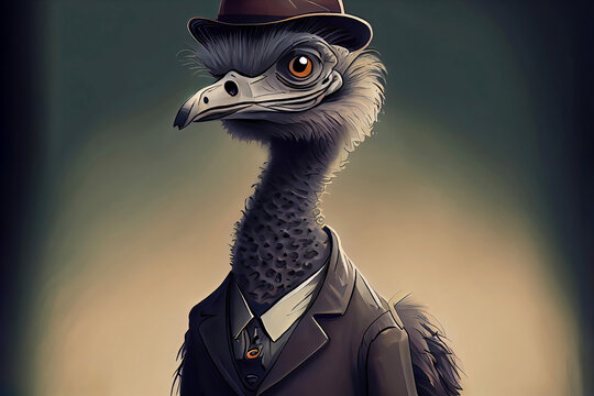 Funny cartoon emu with business suit as illustration (Generative AI)