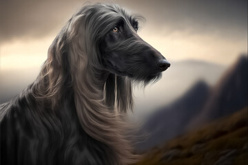 Portrait photo of an Afghan Hound dog. Afghan hound closeup view. Confident purposeful Dog looking left. Field around. A beautiful dog photo for advertises. generative AI
