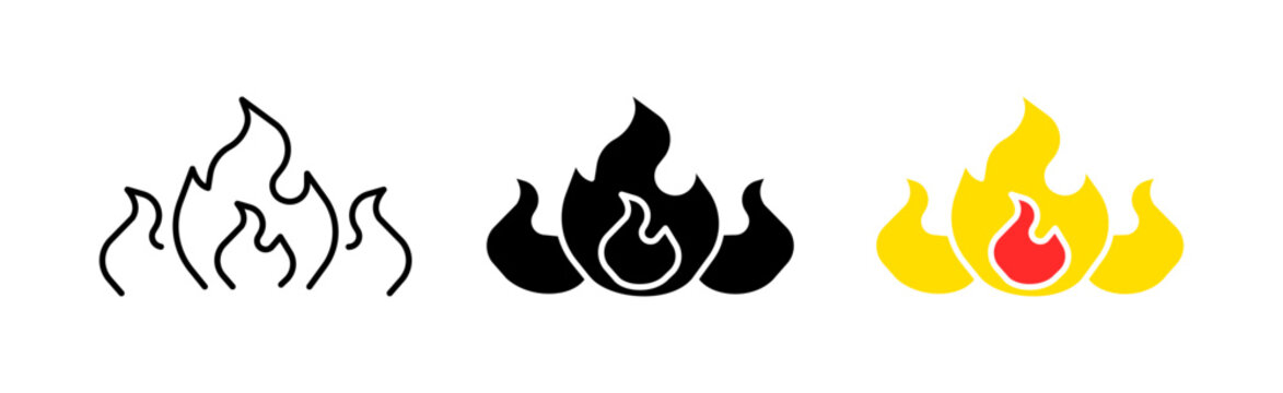Fire set icon. Worker, firefighter, fire engine, fire brigade, security system, spark, ignition, water, extinguish. Vector icon in line, black and color style on white background
