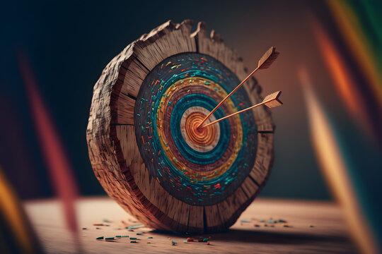 Fl&egrave;ches au centre d'une cible en bois aux couleurs arc-en-ciel &raquo; IA g&eacute;n&eacute;rative