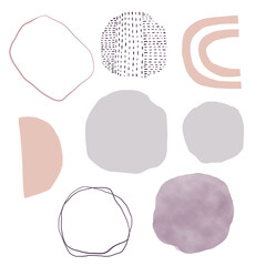 Set of abstract design elements. Smooth shapes, geometric shapes, curved lines, circles, contours, spots, arcs, rainbows, strokes. Hand drawn. Isolated on a white background.