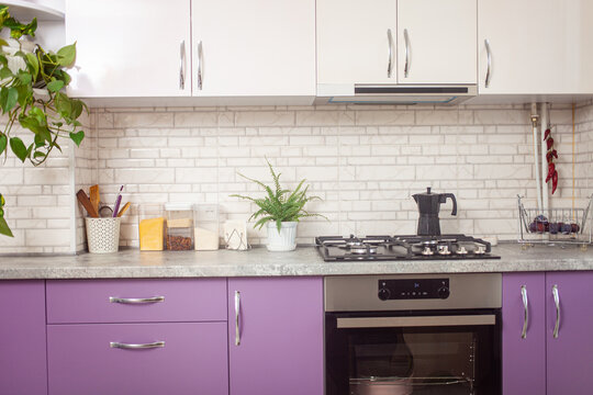 Kitchen purple, lavender color, white cabinets, green flowers, black oven. background