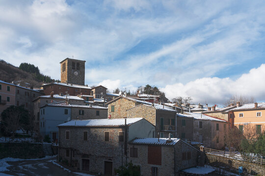 Snow in Tuscany, Montieri village, winter panorama. Grosseto, Tuscany, Italy