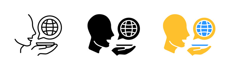 Translator icon set. Speech, speak, language, globe, communication, vocabulary, speak, online, education, education, app, speech bubble. communication concept. vector line icon in different styles