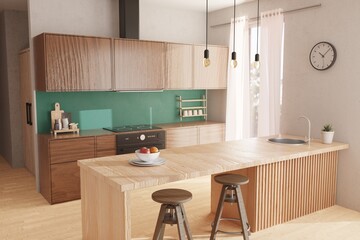 3D render interior kitchen, wooden cabinets, dining table, decorations and food.