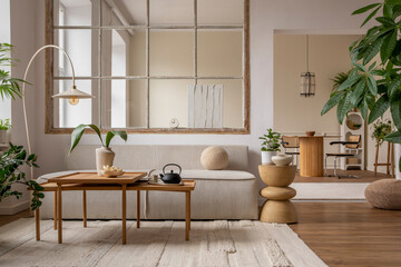 Open space interior with modular sofa, wooden coffee table, big window, beige rug, round pillow,...