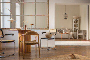 Interior design of open space interior with round table, rattan chair, window, vase with dried flowers, modular sofa, wooden coffee table, stylish rack and personal accessories. Home decor. Template.