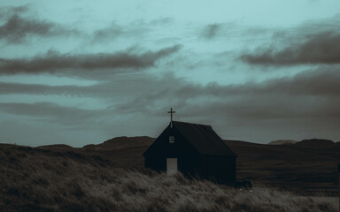 icelandic historic church in the middle of the coutry