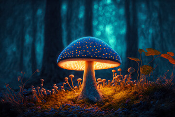 Magic mushroom in the forest. Generative AI. - 566955794