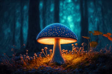 Fotobehang Magic mushroom in the forest. Generative AI. © eyetronic