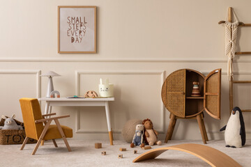 Creative composition of children room interior with mock up poster frame, white desk, yellow...
