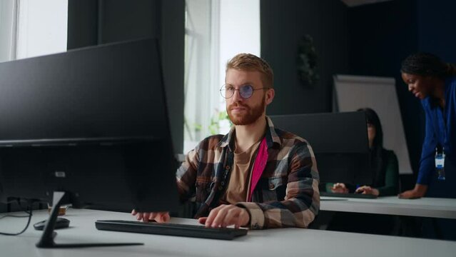 machine learning engineer working in office of IT company, projecting artificial intelligence