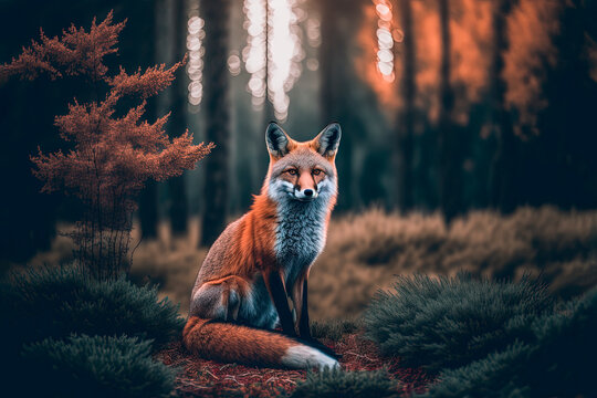 A fox in the middle of a dense forest. Generative AI