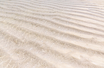Textured rippled sand bottom under transparent sea waters with shimmering sun light. Summer season natural background.