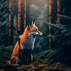 A fox in the middle of a dense forest. Generative AI