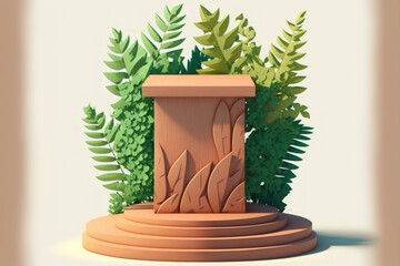 podium made of wood with foliage and shadows. Presentation platform made of realistic wood. little scene of the outdoors with a pedestal. cosmetic exhibit or ceremony. Generative AI
