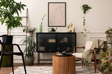 Interior design of living room interior with mock up poster frame, black sideboard, round coffee...