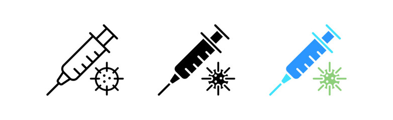 Vaccination icons set. Syringe, vaccination, virus, hospital, immunity, doctor, treatment, doctor, illness, precaution, effect, clinic, care. Health concept. Vector line icon in different styles