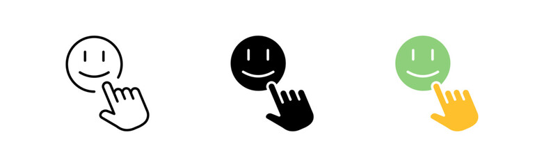 Click an icon set. Hand, finger, character, emotions, smile, joy, approval, reaction, user, voter, make a decision, choose. Social network concept.Vector line icon in different styles