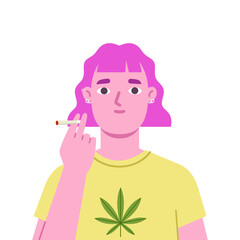 Caucasian female with marijuana joint. Close up. - 566958589